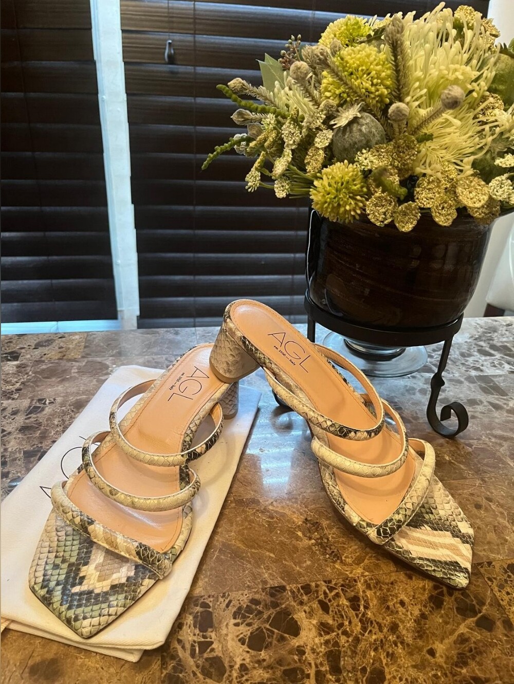 AGL Beige Snake-Print Strappy Block Heel Sandals
